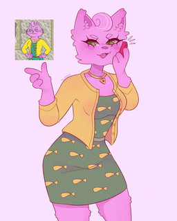 4_fingers anthro arms_bent blush blush_lines breasts button_(fastener) cellphone cheek_tuft clothed clothed_anthro clothed_female clothing curly_hair dress electronics eyebrows eyelashes facial_tuft female female_anthro fingers fur gesture green_clothing green_dress green_eyes hair hand_gesture heart_symbol holding_cellphone holding_object holding_phone inner_ear_fluff jacket jewelry medium_breasts necklace open_clothing open_jacket open_mouth open_smile open_topwear phone phone_call pink_body pink_eyebrows pink_fur pink_hair pink_inner_ear_fluff pink_nose pink_tongue pointing short_hair simple_background smile smiling_at_viewer solo text tongue topwear tuft whiskers white_background yellow_clothing yellow_jacket_(clothing) yellow_topwear suzeart bojack_horseman netflix princess_carolyn domestic_cat felid feline felis mammal 2025 4:5 artist_name colored digital_drawing_(artwork) digital_media_(artwork) english_description hi_res portrait reference_image shaded three-quarter_portrait
