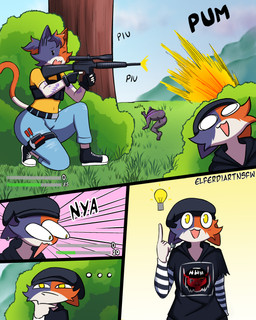 anthro beanie clothed clothing ear_piercing female fur gun hat headgear headwear holding_object holding_weapon piercing ranged_weapon weapon elferdiart epic_games fortnite cate_meowdy meow_skulls raven_team_leader domestic_cat felid feline felis mammal absurd_res comic hi_res cousins_(lore)