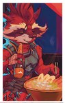 anthro bodily_fluids brown_body brown_fur cheek_tuft chopsticks clothing facial_tuft fluffy food fur holding_food holding_object male neck_tuft solo tail tuft concosive guardians_of_the_galaxy marvel marvel_rivals rocket_raccoon mammal procyonid raccoon hi_res