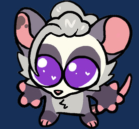 ambiguous_gender anthro cheek_spots chibi eye_spots fur grey_body grey_fur grey_hair hair high-angle_view pink_body pink_skin solo wide_eyed zue fototeta spa_(cartyfear) american_opossum mammal marsupial virginia_opossum alpha_channel