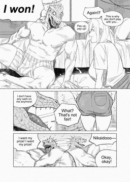 5_fingers anthro bed bottomwear breasts butt clothed clothing dialogue duo eyebrows female female_human fingers furniture hair inside long_hair male open_mouth sharp_teeth shirt shorts sitting speech_bubble t-shirt teeth text tongue topwear underwear francis_xie dorohedoro kaiman_(dorohedoro) nikaido_(dorohedoro) human lizard mammal reptile scalie comic english_text greyscale hi_res monochrome