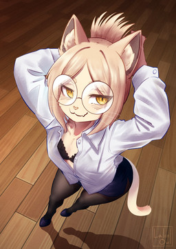 anthro bra clothed clothing eyewear female glasses lace_bra office_clothing open_clothing open_shirt open_topwear shirt solo topwear underwear yellow_eyes lalinowl hitoner miss_tonerico felid feline mammal hi_res