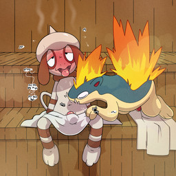 belly_lick blush bodily_fluids dialogue duo fire genitals heat_(temperature) kiss_on_belly kissing licking_stomach male male/male musk overheated penis sauna steam sweat text tongue tongue_out towel argon_vile nintendo pokemon generation_2_pokemon pokemon_(species) quilava smeargle 1:1 english_text hi_res