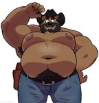 anthro armpit_hair beard belly big_belly big_nipples body_hair bottomwear brown_body brown_fur clothed clothing cowboy cowboy_hat denim denim_bottomwear denim_clothing eyebrows facial_hair front_view fur gun_holster hand_on_hip happy_trail hat headgear headwear holding_clothing holding_hat holding_headgear holding_headwear holding_object jeans looking_at_viewer looking_back looking_back_at_viewer male mature_male moobs musclegut muscular muscular_arms navel nipples overweight overweight_male pants raised_arm simple_background solo topless topless_male splashburr scruffy_(scruffybeast) bear mammal 2022 hi_res