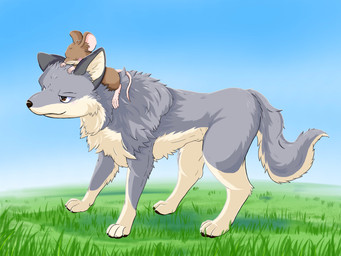 4_toes ambiguous_gender black_nose brown_body brown_eyes brown_fur carrying_another claws countershading day digitigrade duo eyes_closed feet feral fluffy fur grass grey_body grey_fur inner_ear_fluff larger_ambiguous larger_feral multicolored_body multicolored_fur outside pawpads paws plant predator/prey quadruped side_view size_difference sky smaller_ambiguous smaller_feral smile tail tan_body tan_fur toes tuft two_tone_body two_tone_fur white_body white_fur fusau canid canine canis mammal mouse murid murine rodent wolf 2022 absurd_res hi_res