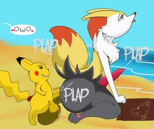 3_fingers 3_toes anthro balls beach big_balls big_penis bodily_fluids duo feet fingers fist fluffy fluffy_tail genital_fluids genitals hyper knot knotted_penis larger_sub male male/male multicolored_body owo pawpads penis plap precum size_difference smile smirk submissive tail thick_thighs thrusting toes tongue tongue_out voyeur yellow_body wdigni42 nintendo pokemon braixen generation_1_pokemon generation_6_pokemon pikachu pokemon_(species) 6:5 hi_res shaded watermark