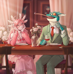 5_fingers anthro biped bottomwear chair claws clothed clothed_anthro clothed_female clothed_male clothing duo female finger_claws fingers front_view fully_clothed fully_clothed_anthro fully_clothed_female fully_clothed_male furniture hair inside male pants sitting smile table teeth tongue topwear mergremil amphibian aquatic axolotl frog mole_salamander salamander 2026 digital_drawing_(artwork) digital_media_(artwork) hi_res
