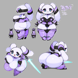 accessory anthro armor bald bent_over big_breasts big_butt biped blush breasts butt cleavage closed_smile clothed clothing earband eyelashes featureless_breasts female floppy_ears front_view gauntlets glistening glistening_body glistening_breasts glistening_butt gloves grey_background handwear holding_object holding_weapon huge_butt legwear long_ears looking_back lop_ears melee_weapon monotone_body mouth_closed multiple_poses open_mouth open_smile pose purple_clothing rear_view shortstack shortstack_female side_view simple_background smile solo standing sword text thick_thighs three-quarter_view topwear weapon white_body wide_hips keyhat_tk10 tphon lagomorph mammal 2024 absurd_res character_name dated digital_drawing_(artwork) digital_media_(artwork) hi_res japanese_text multiple_images signature