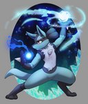 anthro aura_sphere biped chest_spike claws eyebrows fingers solo spikes spikes_(anatomy) tail haychel nintendo pokemon canid canine generation_4_pokemon lucario mammal pokemon_(species) 2023 absurd_res hi_res