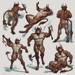 anthro axe balls butt genitals hooves horn lying male melee_weapon muscular muscular_anthro muscular_male nipples nude on_back rear_view scar simple_background sitting solo standing sword tail unguligrade weapon taran_fiddler european_mythology greek_mythology mythology bovid bovine cattle mammal minotaur 1:1 hi_res