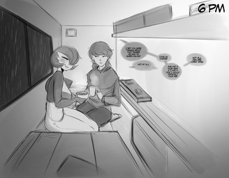 breasts clothing dialogue duo female hair hair_over_eye holding_object hoodie inside male not_furry raining text topwear window saltyxodium game_freak nintendo pokemon gardevoir generation_3_pokemon human mammal pokemon_(species) 2024 digital_media_(artwork) english_text hi_res monochrome