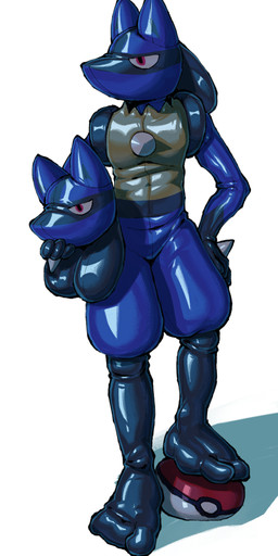 anthro athletic athletic_anthro athletic_male big_feet biped black_body blue_body bodysuit chest_spike clothing featureless_crotch featureless_face feet fingers glistening glistening_body gloves_(marking) hand_on_hip hand_on_leg hand_on_thigh hand_spike holding_mask holding_object latex latex_bodysuit latex_clothing latex_mask latex_skinsuit male markings mask multicolored_body plantigrade pokeball pose red_eyes seam_(sewing) shadow simple_background skinsuit snout solo spikes spikes_(anatomy) standing step_pose tan_body tight_clothing white_background a_guy_somewhere nintendo pokemon generation_4_pokemon lucario pokemon_(species) 2026 cool_colors digital_media_(artwork) hi_res shaded