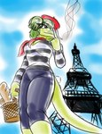 alternate_costume anthro baguette basket beret blue_sky bread breasts cigarette cleavage clothed clothing container eiffel_tower eyelashes female food france french green_body green_hair green_scales grey_eyes hair hair_bun hat headgear headwear long_sleeve_shirt long_tail outside paris pattern_clothing pattern_shirt pattern_topwear scales shirt short_hair sky smile smoking smoking_cigarette snout solo spiked_tail spikes spikes_(anatomy) striped_clothing striped_shirt striped_topwear stripes tail topwear banco cavemanon_studios goodbye_volcano_high snoot_game stella_(gvh_beta) dinosaur ornithischian prehistoric_species reptile scalie stegosaurian stegosaurus thyreophoran 2024 hi_res