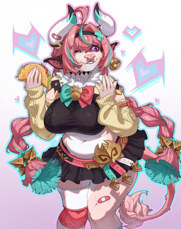 accessory ahoge alternate_species anthro armwear bangs belly big_breasts black_bottomwear black_clothing black_crop_top black_shirt black_skirt black_topwear blue_hair bottomwear bovid_horn bovine_horn bovine_tail bow_(feature) braided_hair breasts chest_tuft choker clothed clothing clothing_bow countershading cow_ears cow_horn crop_top detached_sleeves ear_bell ear_piercing female female_anthro food forearms fur furrification gradient_background hair hair_accessory hair_between_eyes hair_intakes heart_catchlight heart_symbol holding_food holding_object holding_taco horn horn_jewelry horn_ring huge_breasts jewelry knock-kneed legwear long_hair long_sleeves looking_at_viewer midriff miniskirt multicolored_hair navel necklace one_eye_closed piercing pigtails pink_body pink_fur pink_hair pleated_skirt purple_eyes raised_forearm ring_(jewelry) shirt simple_background single_thigh_high skirt slightly_chubby slightly_chubby_anthro slightly_chubby_female smile solo standing taco tail tail_tuft text thick_thighs thigh_highs topwear tuft twin_braids two_tone_hair white_body white_clothing white_countershading white_legwear white_thigh_highs zeminachan genshin_impact mihoyo varesa_(genshin_impact) bovid bovine cattle mammal 2026 absurd_res artist_name colored digital_drawing_(artwork) digital_media_(artwork) hi_res portrait shaded signature three-quarter_portrait