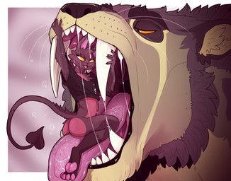 anthro black_nose blush bodily_fluids brown_body brown_fur butt duo extreme_size_difference fur glistening glistening_eyes green_body green_fur imminent_vore in_mouth male male_anthro mouth_play narrowed_eyes nude on_tongue open_mouth pawpads pink_inner_ear pink_pawpads pink_tongue red_body red_fur saliva saliva_on_tongue saliva_string size_difference slim_anthro slim_male spade_tail tail tongue whiskers yellow_eyes swampjaws swamp_jaws_(imperatorcaesar) felid mammal hi_res