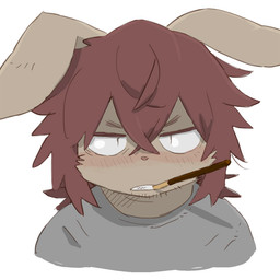 angry anthro blush blush_lines clothing floppy_ears fur grey_clothing grey_shirt grey_topwear hair male pocky_in_mouth red_hair shirt siratama solo tan_body tan_fur topwear si_ra_ta_ma3 lagomorph leporid mammal rabbit 1:1 icon
