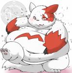 ambiguous_gender anthro belly big_belly big_cheeks blush bodily_fluids chubby_cheeks claws fur holding_belly navel nude obese obese_ambiguous obese_anthro overweight overweight_ambiguous overweight_anthro pawpads pink_nose pink_sclera simple_background solo sweat white_background white_body white_fur hamatnk nintendo pokemon pokemon-specific_day zangoose_day generation_3_pokemon mammal pokemon_(species) zangoose 2018 digital_drawing_(artwork) digital_media_(artwork)