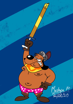anthro armor belly boxers_(clothing) brown_body brown_fur clothing fur headgear helmet male melee_weapon moobs navel nipples overweight solo standing sword underwear weapon mwtoongamer96 puppy_guard russell_(puppy_guard) canid canine canis domestic_dog mammal absurd_res hi_res