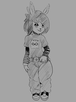 anthro band_shirt belt big_butt bottle_cap butt curvy_figure long_sleeve_shirt longsleeve male scut_tail short_tail skinny slim solo striped_sleeves stripes tail teztaz blair_(teztaz) lagomorph leporid mammal rabbit absurd_res hi_res monochrome sketch