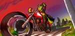 anthro boots city city_background cityscape clothed clothing dipstick_tail female footwear fur green_body green_fur markings motorcycle multicolored_tail outside shoes solo sunset tail tail_markings vehicle ses_loera_lopez freedom_planet galaxytrail carol_tea felid feline felis mammal wildcat