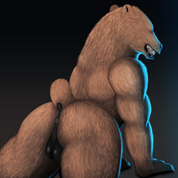 all_fours anthro anus arm_support back_muscles backlighting backpack backsack balls biceps black_anus black_background black_balls black_nose brown_body brown_fur butt butt_focus fangs fur genitals gradient_background grin gums light lips looking_away male muscular muscular_anthro muscular_male presenting presenting_hindquarters raised_tail rear_view short_tail simple_background small_eyes smile solo tail teeth three-quarter_view triceps scaleground bear brown_bear grizzly_bear mammal ursine 1:1 lighting