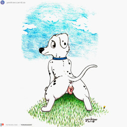 animal_genitalia animal_vulva anus black_nose butt canine_genitalia canine_vulva collar female feral fur genitals grass looking_back patreon_logo patreon_username pink_vulva plant presenting presenting_hindquarters presenting_vulva solo spread_legs spreading text vulva white_body white_fur yordraw 101_dalmatians disney patreon perdita canid canine canis dalmatian domestic_dog mammal 1:1 hi_res traditional_media_(artwork) url