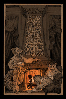 animal_genitalia animal_penis anthro balls bandage bulge clothed clothing duo fireplace flaccid fur genitals male melee_weapon nude open_clothing open_shirt open_topwear partially_clothed penis sheath shirt sitting standing sword tail topwear weapon wounded momamo canid canine felid feline fox lynx mammal red_fox silver_fox true_fox 2:3 absurd_res hi_res traditional_media_(artwork)