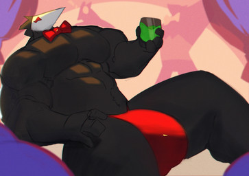 abs anthro beverage big_bulge black_body black_feathers bow_tie bulge detailed_bulge feathers genital_outline male muscular muscular_male pecs penis_outline red_eyes sitting solo tkckid deltarune undertale_(series) avian darkner swatchling absurd_res hi_res