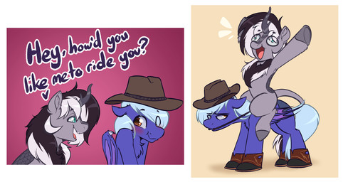 black_hair blue_body blue_eyes blue_fur blush boots bridle brown_eyes chest_tuft clothing cowboy_hat dialogue duo female feral footwear fur grey_body grey_fur grey_scales hair hat headgear headwear male membrane_(anatomy) membranous_wings misunderstanding reins scales shoes sitting_on_another tuft wings witchtaunter hasbro my_little_pony mythology fan_character bat_pony dragon equid kirin mammal mythological_creature mythological_scalie scalie absurd_res comic hi_res