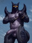 armor balls bodily_fluids claws erection finger_claws foreskin genital_fluids genitals headgear headgear_only helmet helmet_only male navel penis precum sky solo standing tail aduran scalie 2024 absurd_res digital_drawing_(artwork) digital_media_(artwork) hi_res