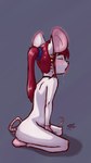 albino anthro blush bodily_fluids choker ear_piercing ear_ring eyes_closed female fur hair jewelry kneeling kneeling_oral_position necklace nude oral piercing ponytail red_hair ring_piercing saliva saliva_string scrunchie solo white_body white_fur vaithun mammal mouse murid murine rodent