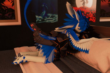 4_ears ambiguous_gender anthro bed black_body black_feathers black_fur blue_body blue_feathers blue_fur blush detailed_background duo embracing_during_sex eyes_closed feathers from_front_position fur furniture heart_symbol hug hugging_another kita'vali legs_up lying missionary_position multi_ear obscured_penetration obscured_sex on_back on_bed pillow plant poster sex sunset winged_arms wings jukkavali rai_kitamatsu_(modeler) kyrie_(jukkavali) avali 3:2 3d_(artwork) digital_media_(artwork) hi_res