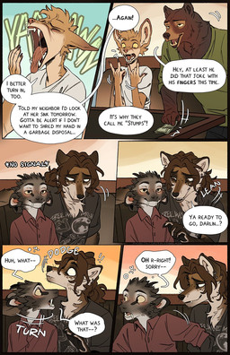 anthro biped black_nose blush booth_seating brown_body brown_eyes brown_fur bubble canine_teeth cheek_tuft clothed clothed_anthro clothing dialogue drunk drunk_bubble facial_tuft fur furniture grey_body grey_fur group head_tuft male money open_mouth pointy_ears prick_ears sitting smile snout speech_bubble substance_intoxication table tan_body tan_fur text tongue tongue_out tuft tusks yawn yellow_sclera falco_works indy_(justroadkill) pen_(falco_works) bear canid canine canis cervine coyote deer mammal tufted_deer 2025 comic digital_media_(artwork) english_text hi_res