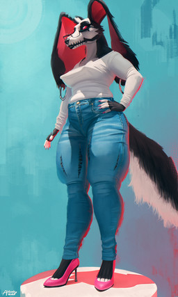 anthro bottomwear breasts clothed clothing ear_piercing ear_ring eyebrow_piercing eyebrow_ring eyewear facial_piercing feet female fingers footwear fur glasses high_heels lips mature_anthro mature_female pants piercing red_sclera ring_piercing shirt shoes simple_background solo standing tail thick_bottom_lip thick_thighs toes topwear wearing_glasses wide_hips akkusky mythology borzoi canid canid_demon canine canis demon domestic_dog hellhound hunting_dog hybrid mammal mythological_canine mythological_creature sighthound absurd_res digital_media_(artwork) hi_res