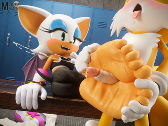 anthro bodily_fluids clothing cum ejaculation feet female foot_fetish foot_play footjob genital_fluids genitals gloves handwear male penile penis sex soles toes two-footed_footjob milkmeister3d sega sonic_the_hedgehog_(series) miles_prower rouge_the_bat bat canid canine fox mammal 3d_(artwork) digital_media_(artwork) hi_res