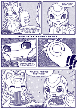:3 anthro border breasts chopsticks collar dialogue duo eating exclamation_point eyes_closed female food grin holding_chopsticks holding_object male noodles open_mouth open_smile ramen ramen_bowl ramen_noodles smile teeth text white_border cyyeun xen_(series) izzy_(xen) switch_(xen) alien 2007 artist_name blue_and_white comic dated english_text monochrome