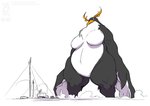 2020 anthro avian big_breasts bird black_body black_feathers breasts conditional_dnp crested_penguin dust_cloud empty_eyes feathers featureless_breasts female genitals jollyjack kaiju macro non-mammal_breasts penguin pussy restricted_palette rockhopper_penguin slightly_chubby solo white_body white_feathers yellow_body yellow_feathers
