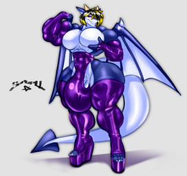 anthro armwear big_muscles big_pecs black_hair bulge clothing crossgender elbow_gloves flexing footwear genitals gloves hair handwear high_heels horn latex legwear male muscular muscular_arms pecs penis platform_footwear platform_heels purple_eyes shoes small_waist smile solo tail thick_neck thick_thighs thigh_highs vein veiny_penis wings serufu mythology swissy dragon mythological_creature mythological_scalie scalie absurd_res hi_res