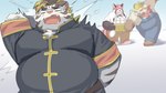 anthro belly big_belly clothing group kemono male overalls overweight overweight_male red_body shirt snow snowball snowball_fight suspenders topwear white_body ptcmtr lifewonders tokyo_afterschool_summoners babe_bunyan_(tas) licho_(tas) zhurong_(tas) ailurid bovid bovine cattle felid mammal pantherine red_panda tiger 16:9 2024 hi_res widescreen