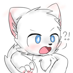 4_fingers anthro blue_eyes chest_tuft fingers fur interrobang male open_mouth pawpads pink_inner_ear shocked simple_background solo tuft white_background white_body white_fur tringa changed_(video_game) lin_(changed) canid canine canis mammal wolf 1:1 hi_res reaction_image