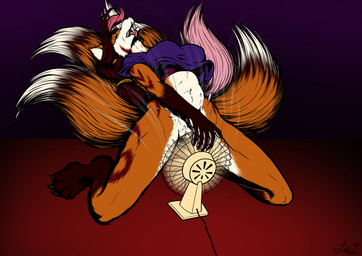 anthro arched_back big_breasts bodily_fluids breasts clothed clothing digitigrade female front_view genital_fluids genitals hair long_hair multi_tail partially_clothed solo tail vaginal_fluids vulva wet_crotch leksi_(artist) emmy_velanie_(xccapt04) sabresune flat_colors hi_res line_art