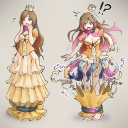 barefoot breasts clothed clothing collar dress feet female growth horn horn_growth human_to_humanoid interrobang not_furry open_mouth simple_background solo species_transformation standing surprised tentacle_growth tentacles torn_clothing transformation transformation_sequence c-3matome human humanoid mammal 1:1 2019