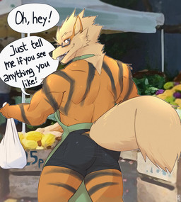 anthro apron braces butt clothed clothing dialogue eyewear fluffy fluffy_tail food fur furgonomics glasses looking_back male muscular muscular_anthro muscular_male orange_body orange_fur partially_clothed plant shopping smile solo standing striped_body striped_fur stripes tail tent text tight_clothing topless underwear vegetable exsys nintendo pokemon arthur_"artie"_(exsys) arcanine canid generation_1_pokemon mammal pokemon_(species) english_text hi_res