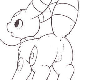 anus balls embarrassed fangs feral fluffy fluffy_tail genitals leash looking_away male male_feral open_mouth outside penis quadruped rear_view simple_background small_balls small_fangs small_penis solo tail teeth walkies inukami_hikari nintendo pokemon eeveelution generation_2_pokemon pokemon_(species) umbreon black_and_white line_art monochrome shaded simple_shading