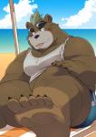 anthro beach blush bottomwear clothing detailed_background feet foot_focus male mohawk musclegut muscular outside overweight overweight_anthro overweight_male sand seaside shorts sky solo tongue water ayame42612 lifewonders tokyo_afterschool_summoners ashigara_(tas) bear mammal