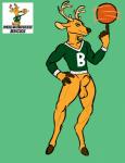 5_fingers animal_genitalia anthro antlers athletic athletic_anthro athletic_male balls basketball bottomless brown_hooves brown_nose clothed clothing fingers fur genitals green_background green_eyes hooves horn male mascot orange_balls orange_body orange_fur orange_sheath sheath shirt simple_background solo standing tan_antlers topwear wisconsin santaint milwaukee_bucks nba cervine deer mammal hi_res