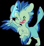 4_ears anthro blue_body blue_feathers chibi countershading digitigrade feathered_wings feathers female green_body green_eyes laser_sword multi_ear open_mouth solo winged_arms wings cutepencilcase luvashi avali avian absurd_res alpha_channel hi_res