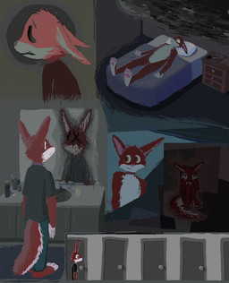 anthro bed clothed clothed_male clothing door fur furniture grey_clothing grey_shirt grey_t-shirt grey_topwear horror_(theme) lying male mirror nude_male on_back on_bed red_body red_clothing red_fur red_shirt red_topwear reflection shirt solo t-shirt topwear demensa lagomorph leporid mammal rabbit 2020 hi_res