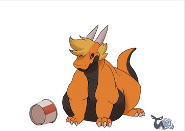 ambiguous_gender belly belly_jiggle belly_on_ground big_belly big_tail blonde_hair bucket bucket_on_head container feral gluttony hair head_stuck horn huge_belly jiggling obese obese_feral orange_body overweight overweight_feral solo stuck tail timcampy yellow_eyes fatty-sashimi mythology dragon mythological_creature mythological_scalie scalie 2025 animated digital_media_(artwork)