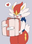 anthro box container eyes_closed female gift gift_box grey_background happy heart_symbol holding_box holding_container holding_gift holding_object open_mouth simple_background smile solo speech_bubble text pururing nintendo pokemon cinderace generation_8_pokemon lagomorph leporid mammal pokemon_(species) english_text hi_res